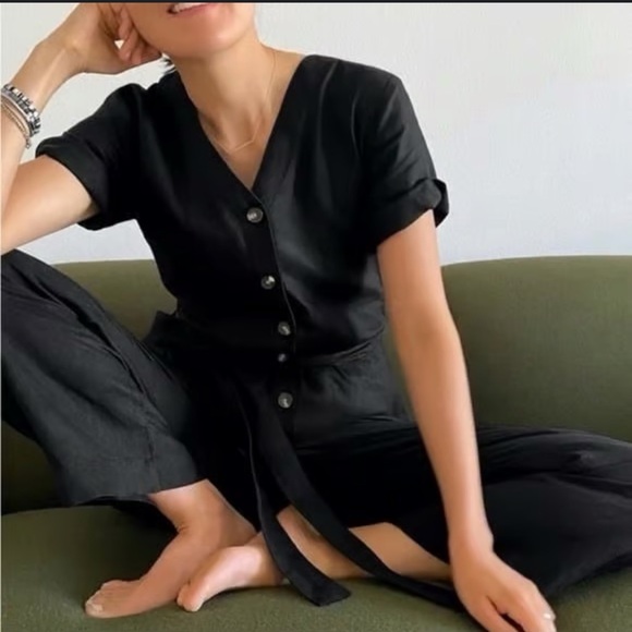 EVERLANE Women 100% Linen Short Sleeve Jumpsuit Size 00 - Picture 1 of 5